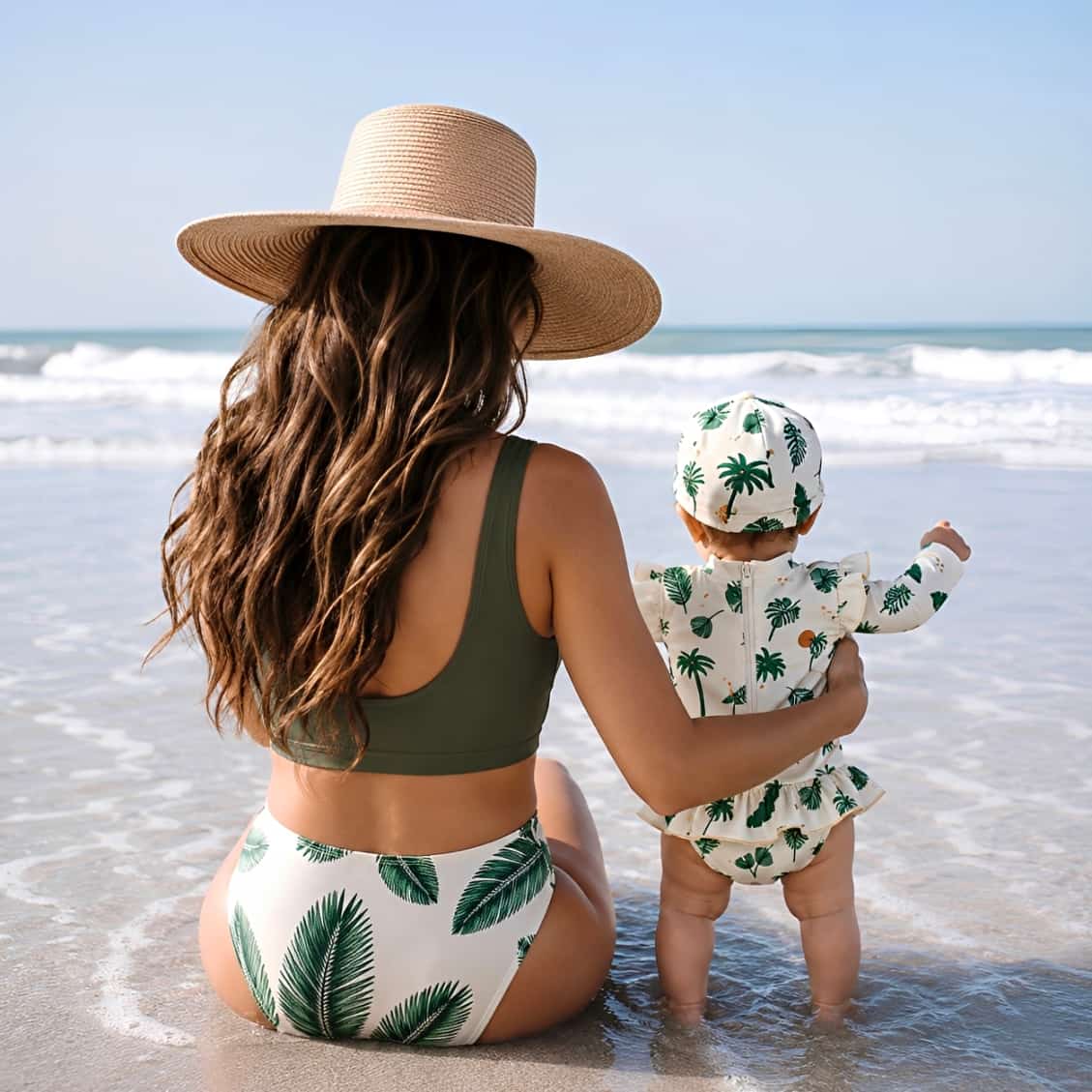 baby tropical leaf long sleeve swimsuit with matching swim hat and green palm print