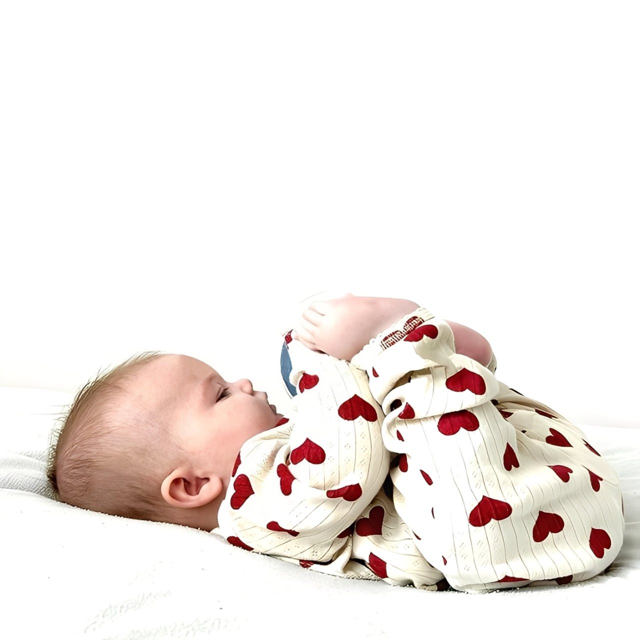 Baby wearing cream cotton romper with red heart design, soft and cozy outfit ideal for lounging or sleeping.

