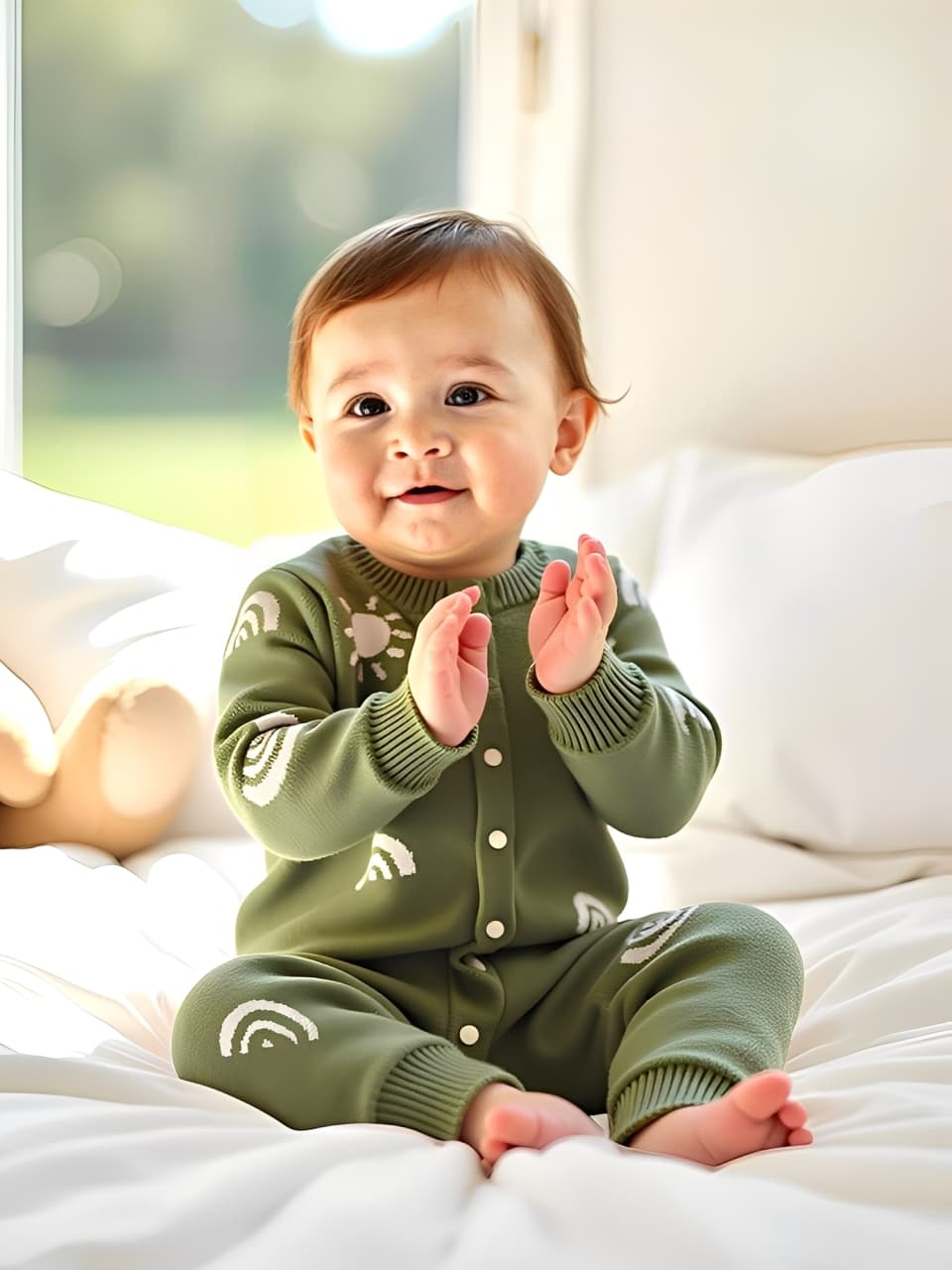Smiling baby wearing army green cotton knitted romper with sun and rainbow pattern, soft and warm infant jumpsuit.
