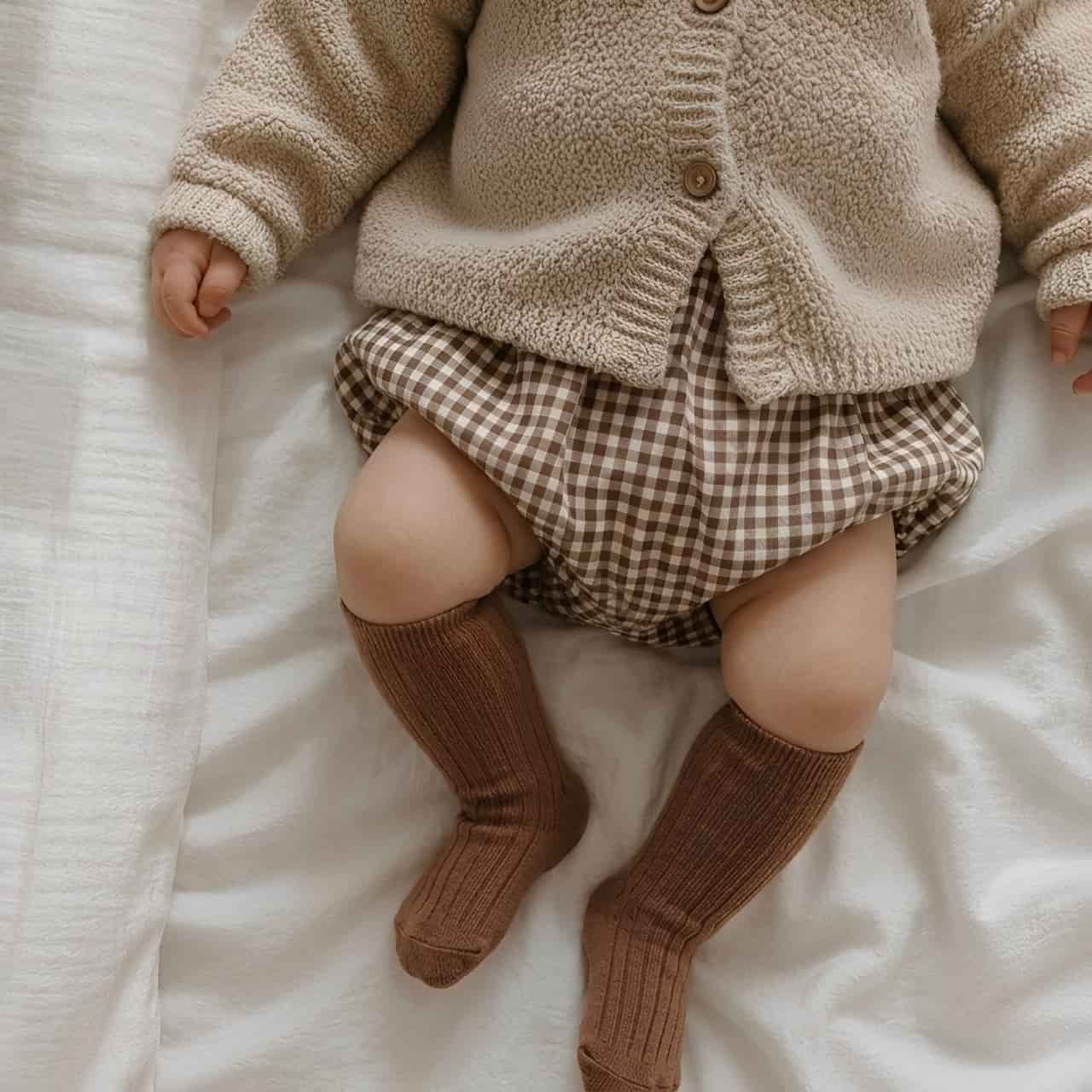 Baby wearing brown ribbed knee-high cotton socks with neutral outfit on bed
