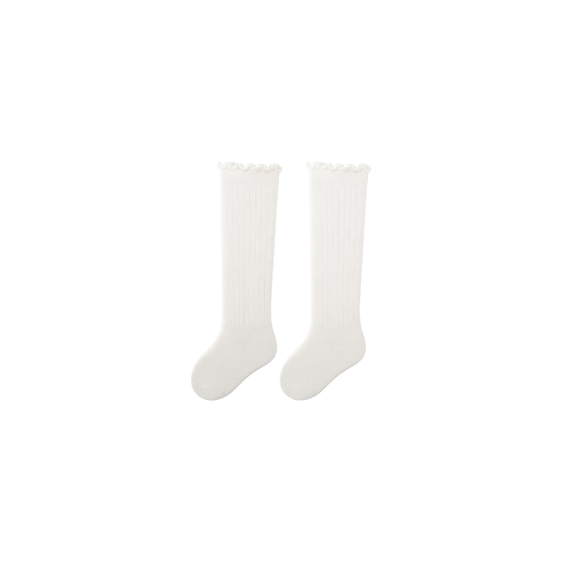 Baby wearing white ribbed long baby socks – knee-length cotton socks UK