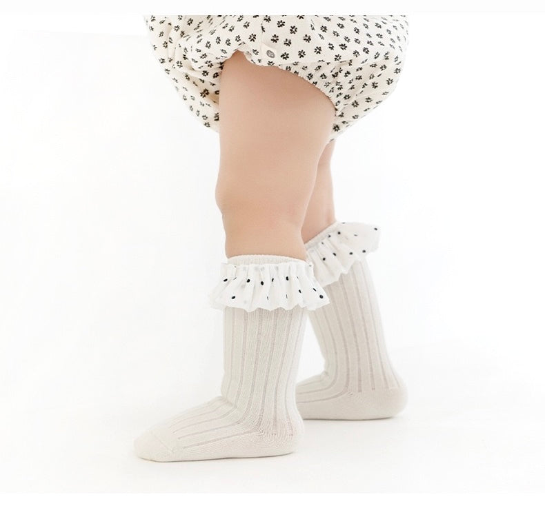 Baby wearing polka dot ruffle socks – adorable soft cotton mid-calf baby socks