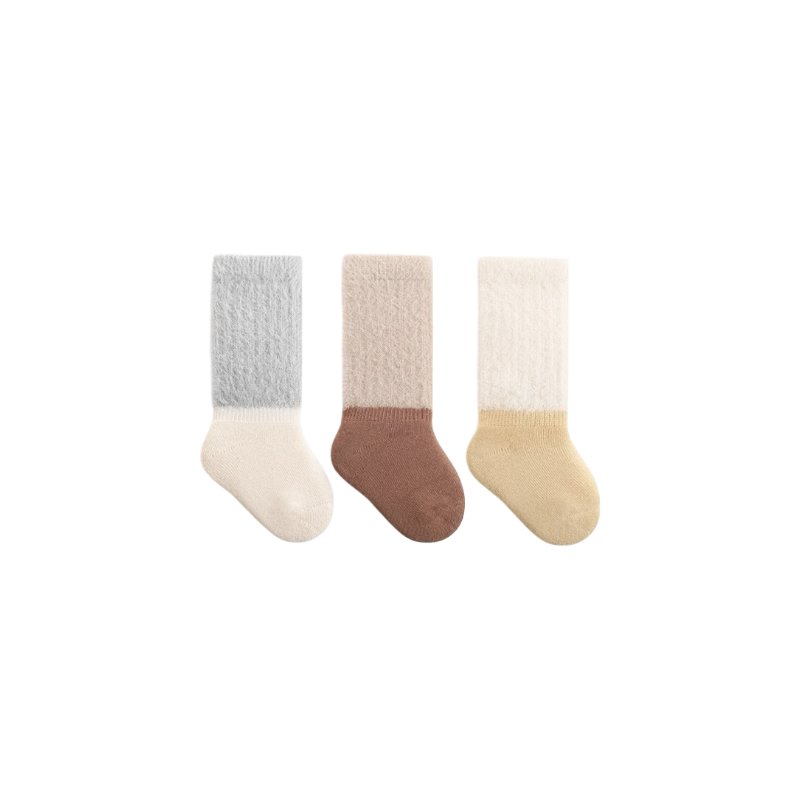 Baby wearing two-tone winter knit baby socks – cosy cotton socks UK