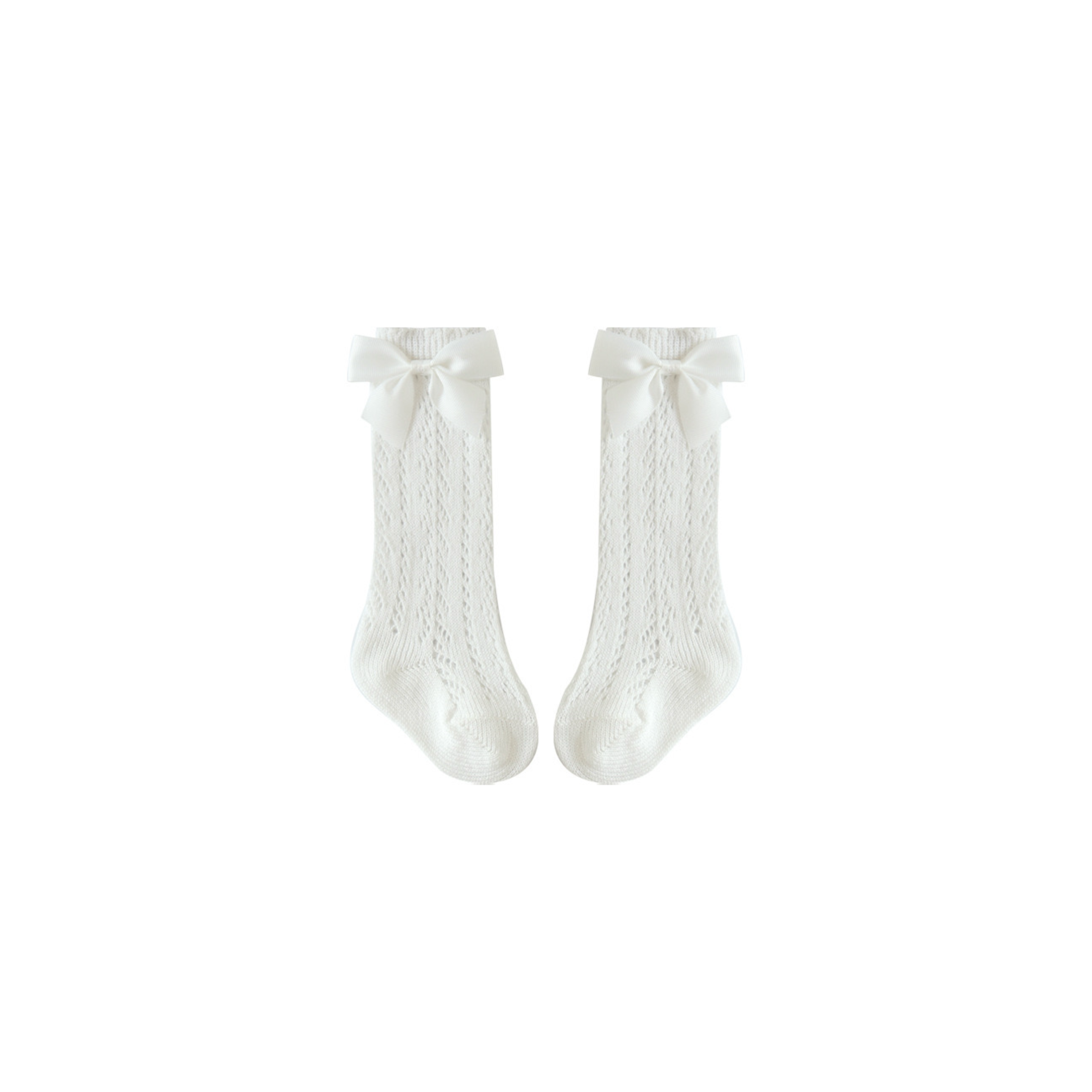 White baby lace knee-high socks with grosgrain bow, breathable cotton knit design for girls
