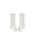 White baby lace knee-high socks with grosgrain bow, breathable cotton knit design for girls
