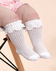 Cute baby in white lace mesh cotton socks, soft breathable infant socks perfect for daily wear.
