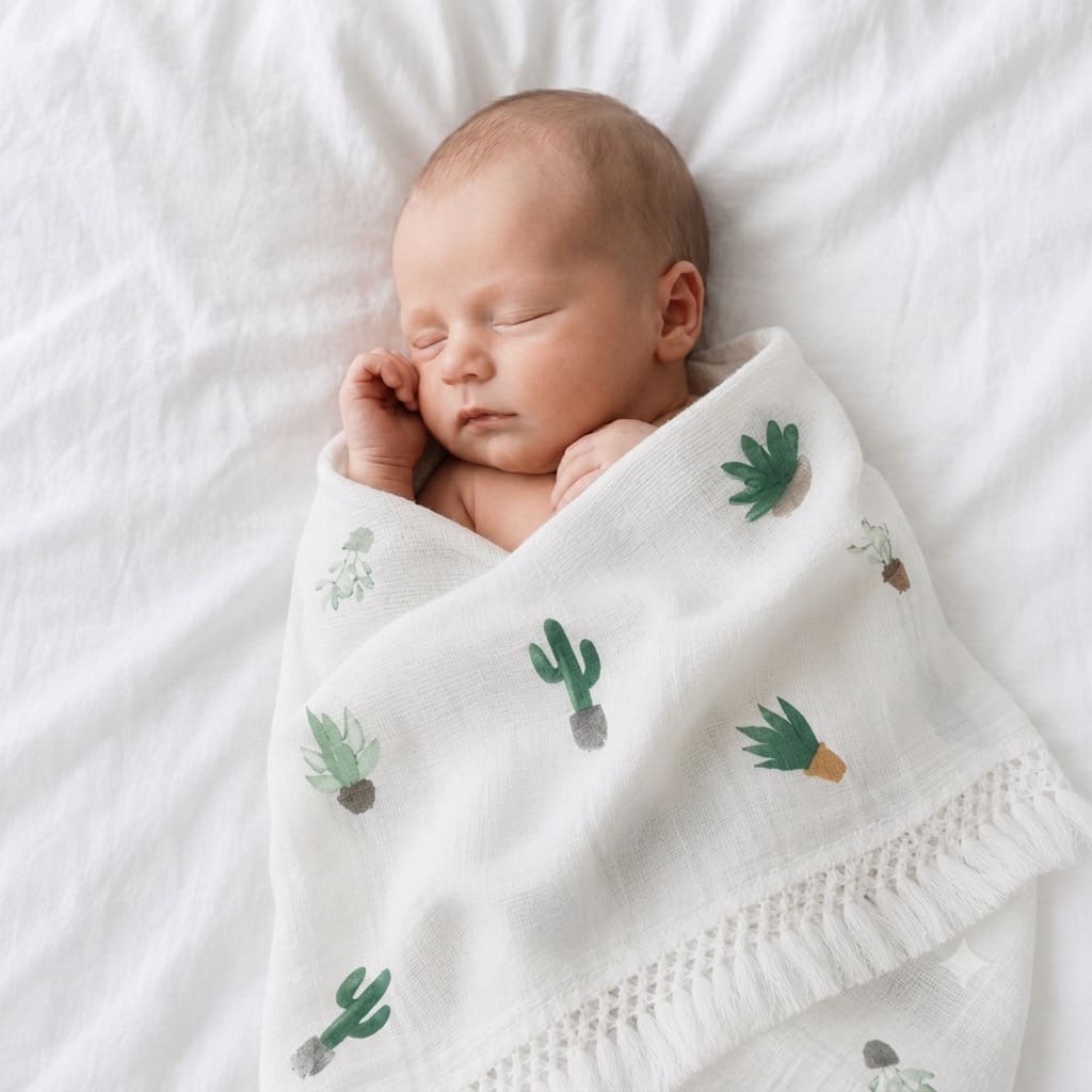 Sleeping newborn baby wrapped in a cactus print cotton blanket with tassel trim, soft breathable baby blanket for everyday comfort.