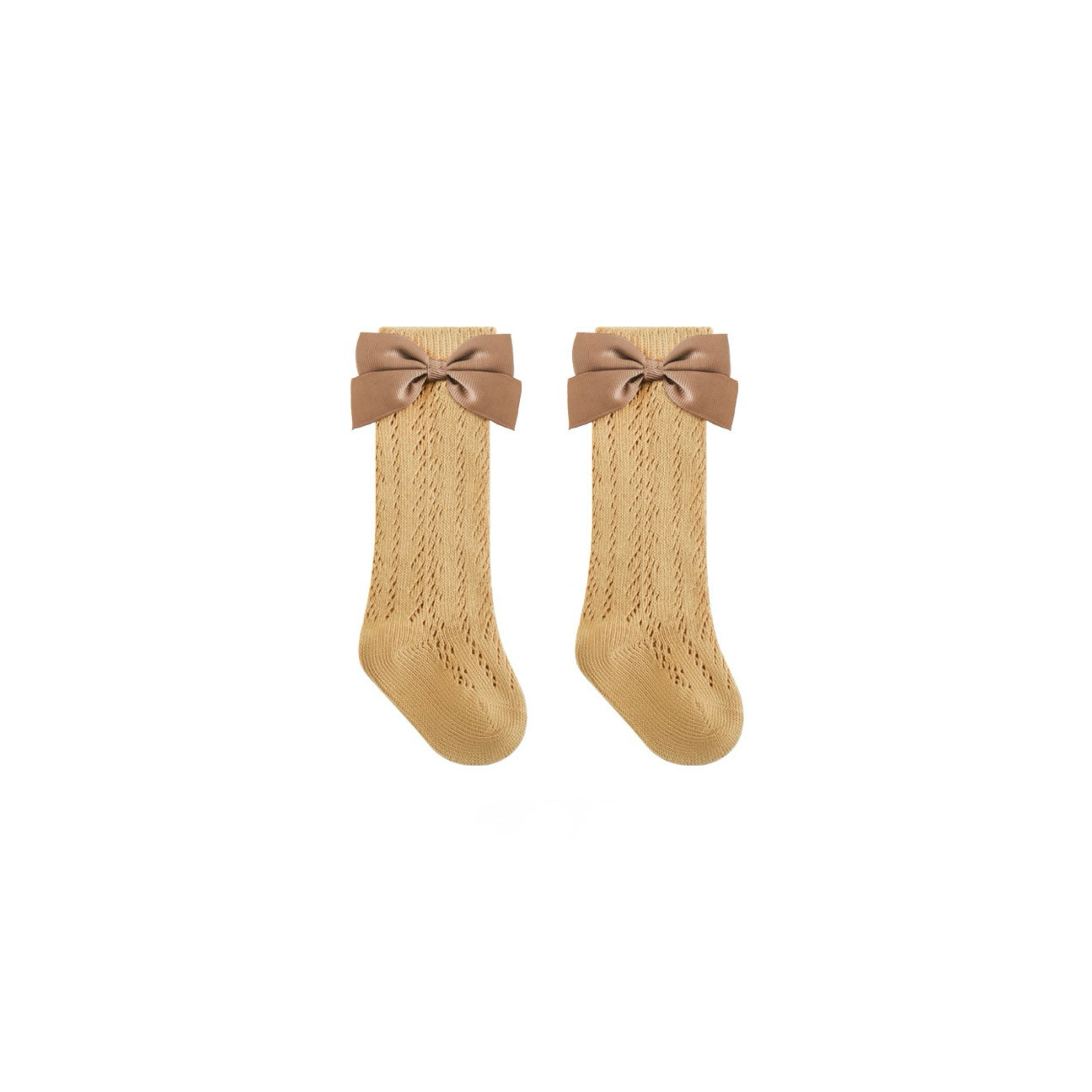 Yellow baby lace knee-high socks with brown ribbon bow, lightweight and breathable for toddlers
