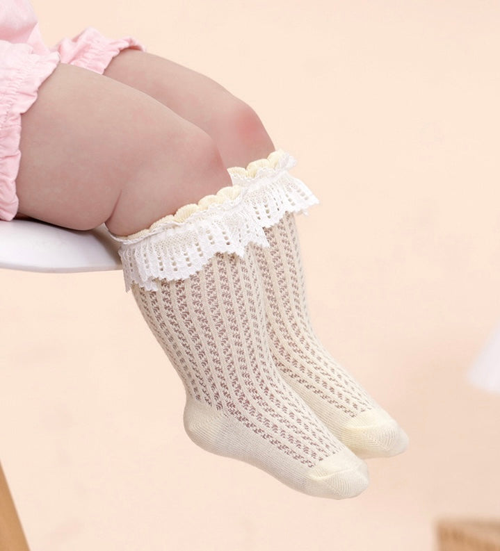 Sweet baby wearing yellow lace mesh cotton socks, lightweight and breathable toddler fashion socks.
