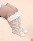 Sweet baby wearing yellow lace mesh cotton socks, lightweight and breathable toddler fashion socks.
