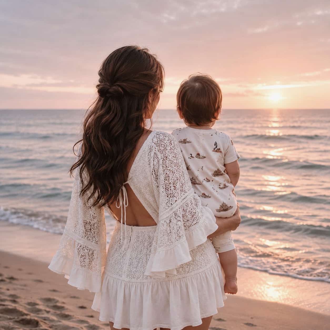 Mother holding baby wearing beach print zip swim romper by the seaside at sunset in soft coastal lifestyle setting
