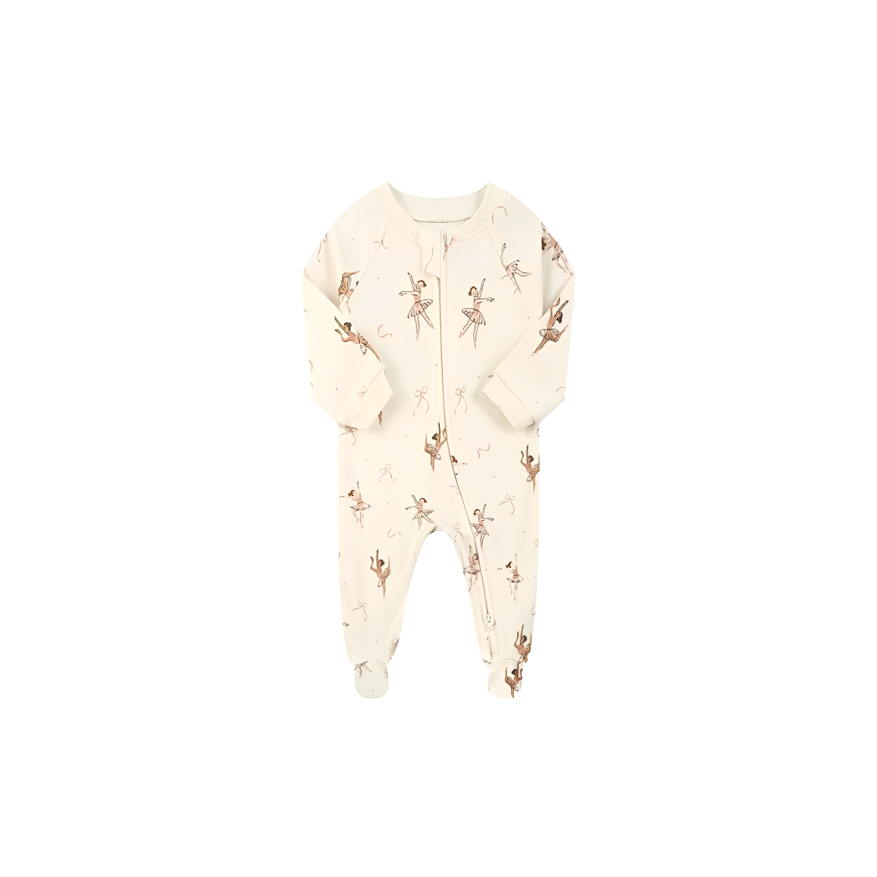 organic baby onesie with brown ballerina print and zip closure
