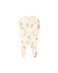 organic baby onesie with brown ballerina print and zip closure
