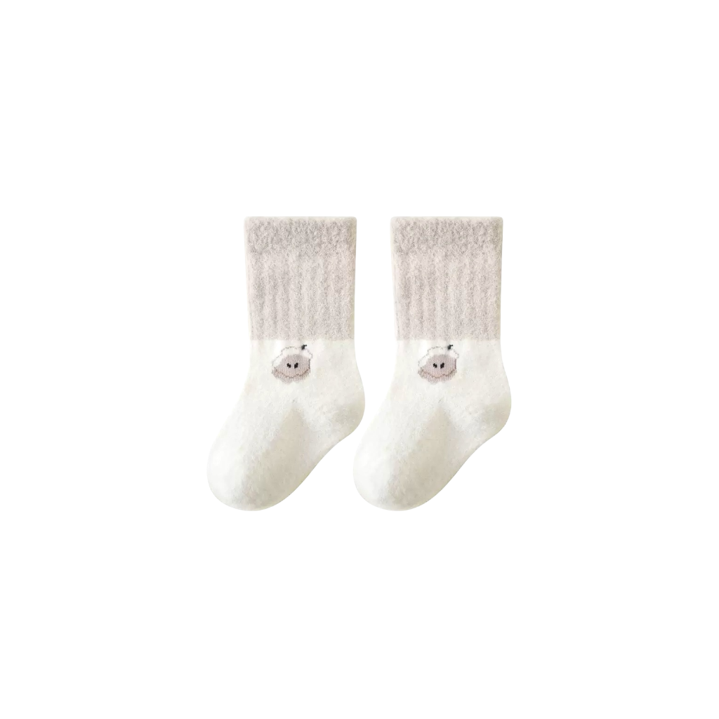 Beige ribbed cotton baby socks with embroidered bear paw and non-slip sole