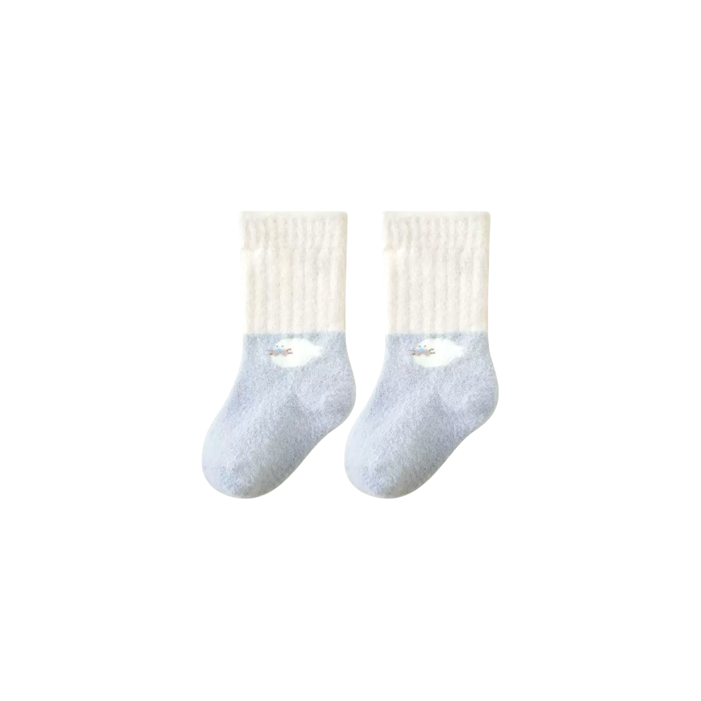 Blue and cream winter baby socks with bear paw embroidery – non-slip cotton design