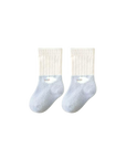 Blue and cream winter baby socks with bear paw embroidery – non-slip cotton design