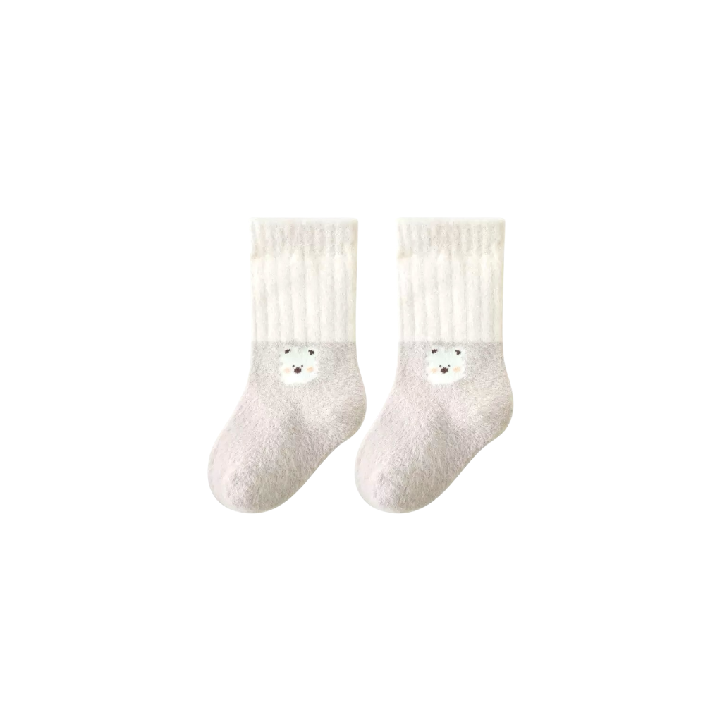 Grey thick cotton baby socks with white cuff and bear paw embroidery