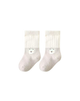 Grey thick cotton baby socks with white cuff and bear paw embroidery