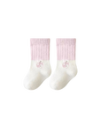 Pink baby socks with soft ribbed knit and embroidered bear paw design