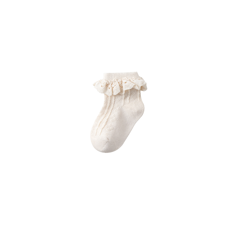 Beige cotton baby socks with lace frill cuff, soft and seamless for sensitive baby skin.