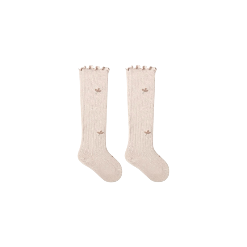 Beige scalloped knee-high baby socks – soft cotton long socks with embroidery