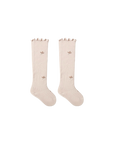 Beige scalloped knee-high baby socks – soft cotton long socks with embroidery