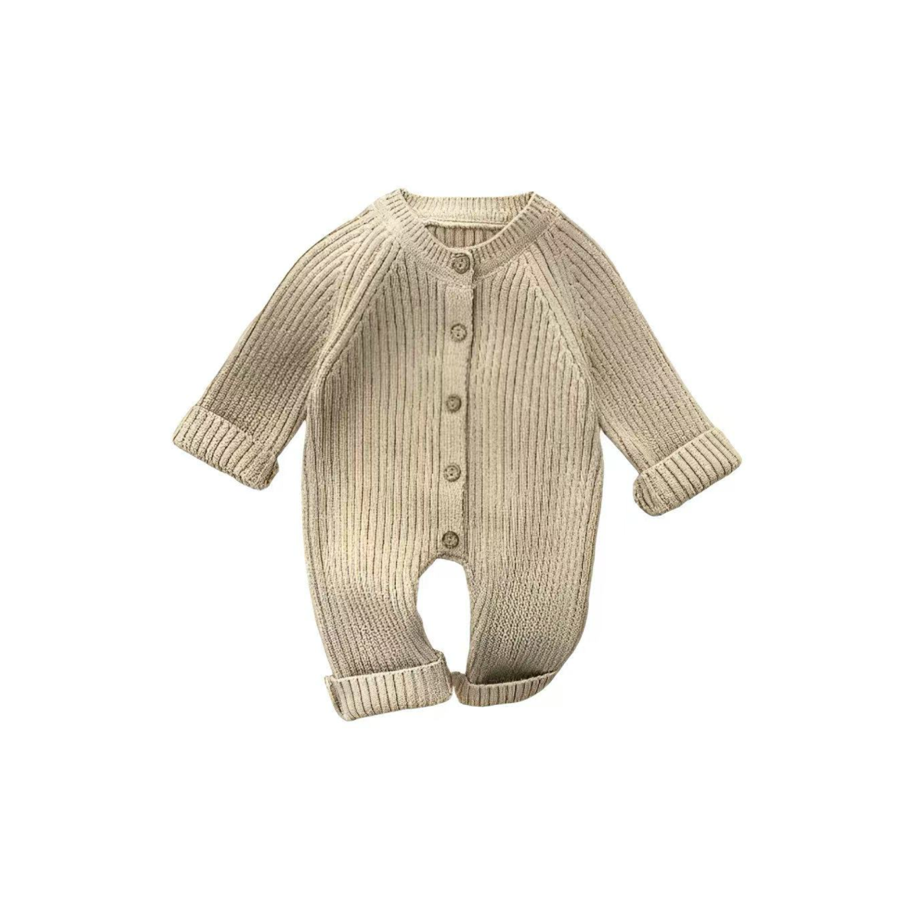 Beige ribbed baby romper with front buttons and folded cuffs, soft knit cotton material