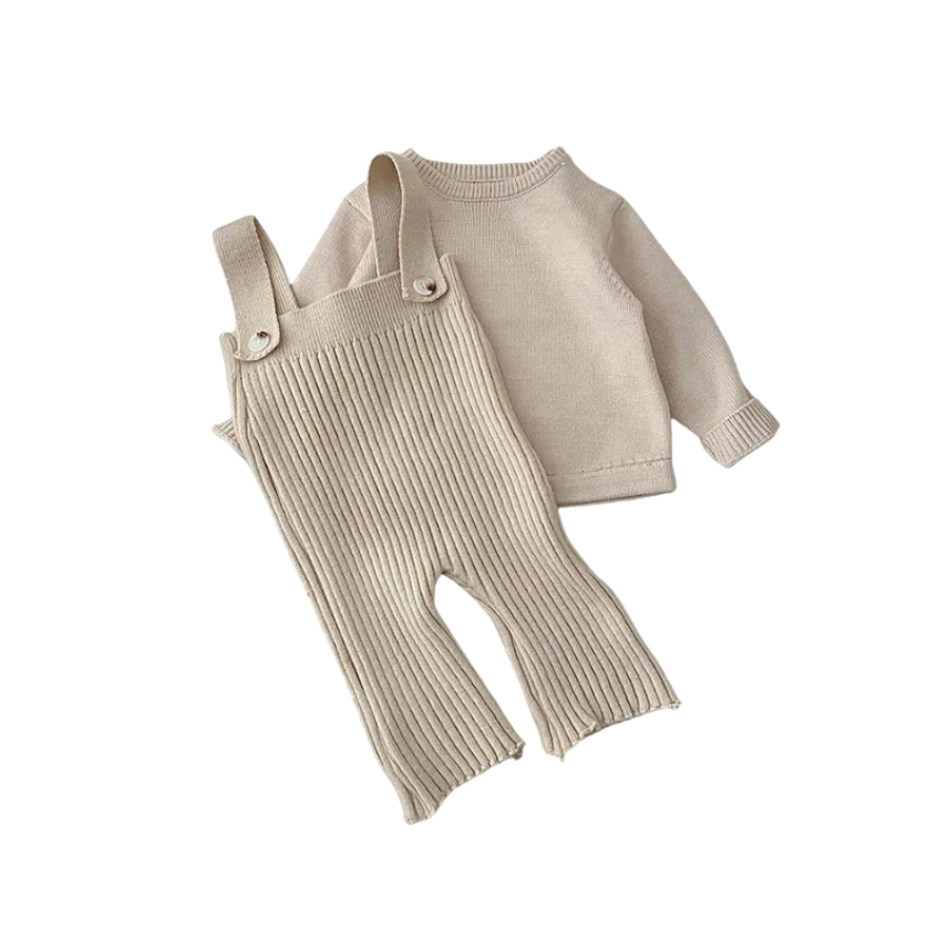 Beige knitted baby outfit with ribbed overalls and matching long sleeve sweater, soft cotton blend