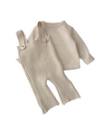 Beige knitted baby outfit with ribbed overalls and matching long sleeve sweater, soft cotton blend