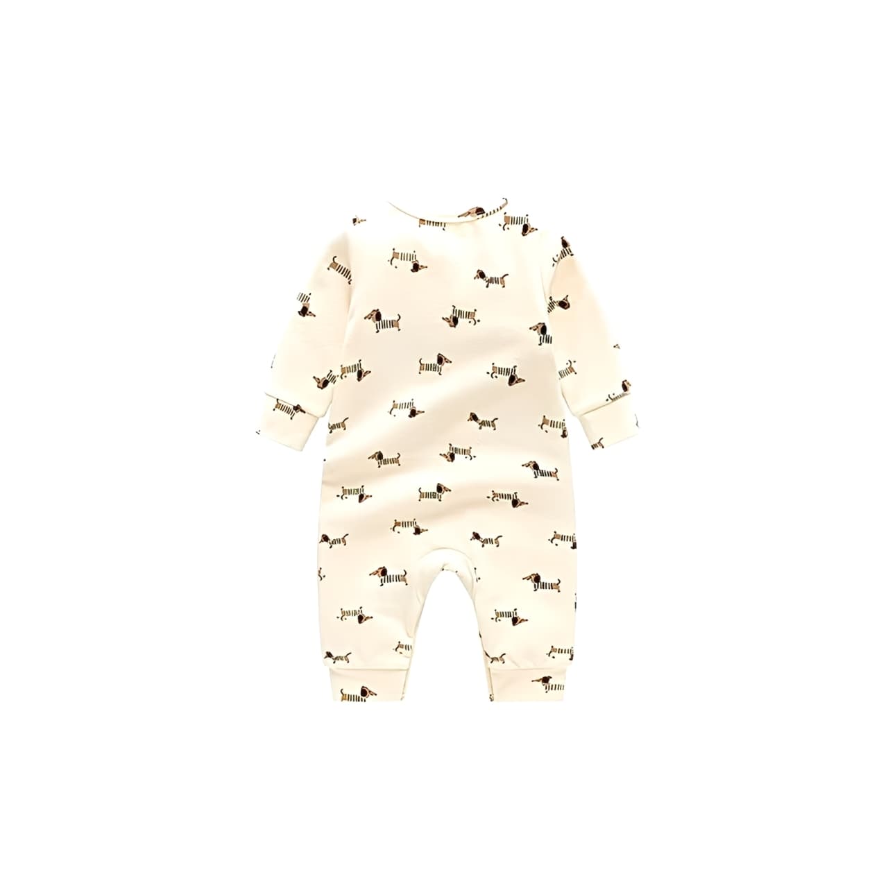 Back view of beige baby romper with adorable dachshund dog print design.
