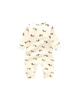 Back view of beige baby romper with adorable dachshund dog print design.

