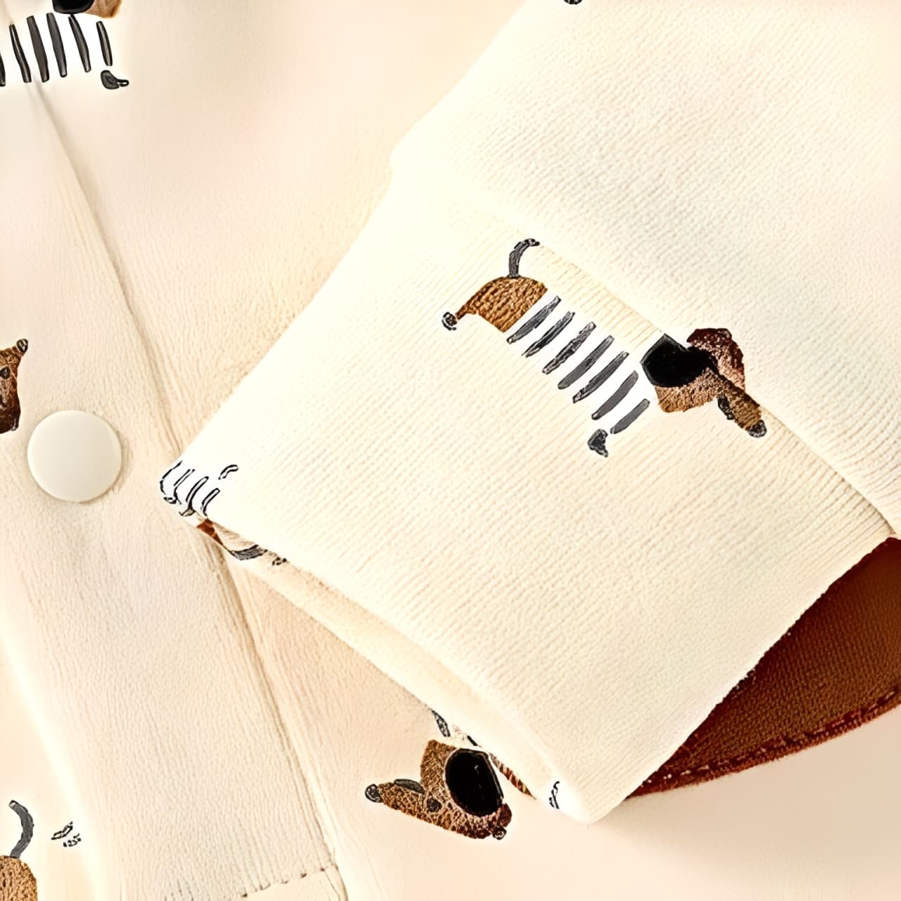 Close-up of sleeve cuff and snap button detail on beige puppy print baby romper.