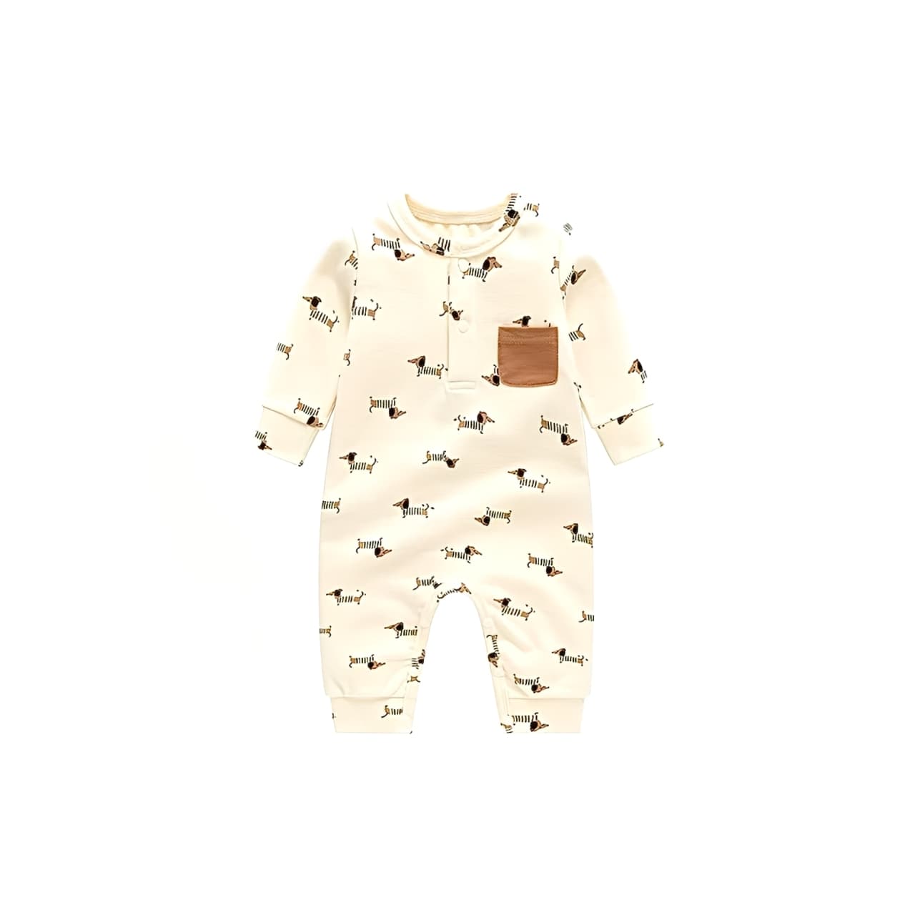 Front view of beige puppy print baby romper with contrast pocket, long sleeves, and snap buttons.