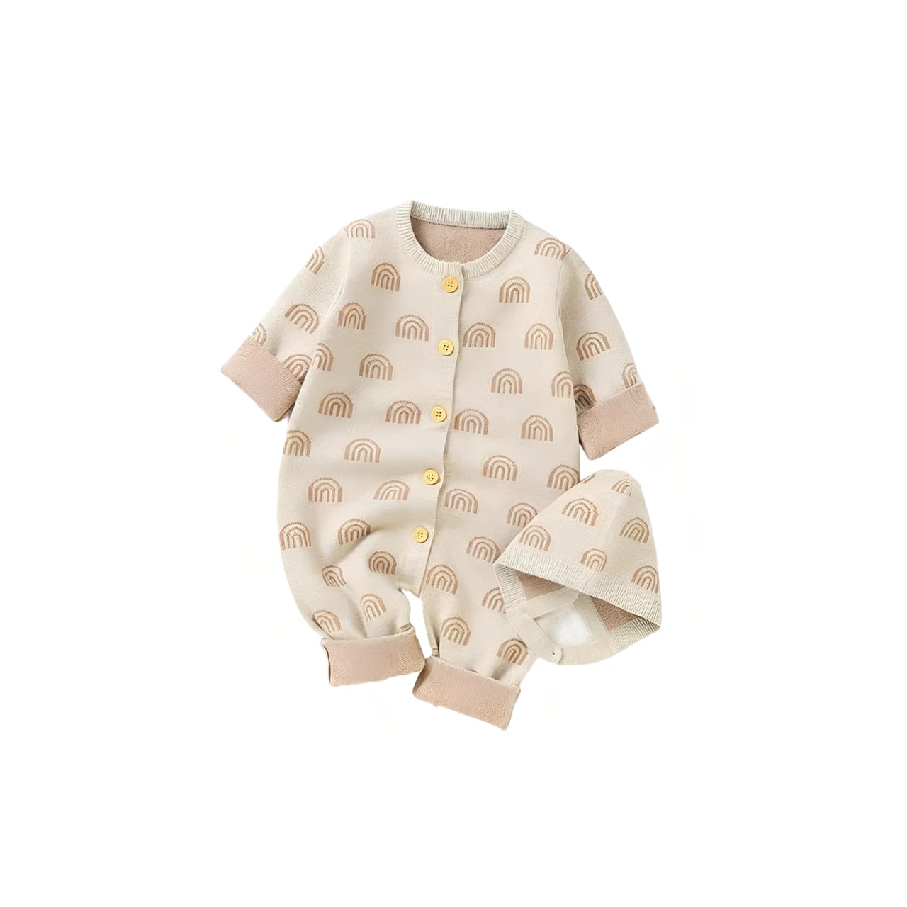 Beige rainbow knit baby romper with matching hat, soft cotton blend jumpsuit for infants and toddlers.