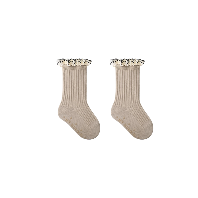 Beige baby ruffle socks made from cotton blend, comfortable and stretchy