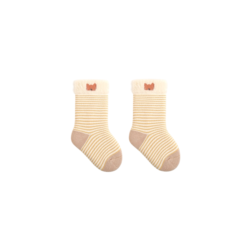 Beige striped bear embroidery baby socks – comfortable cotton stretch design