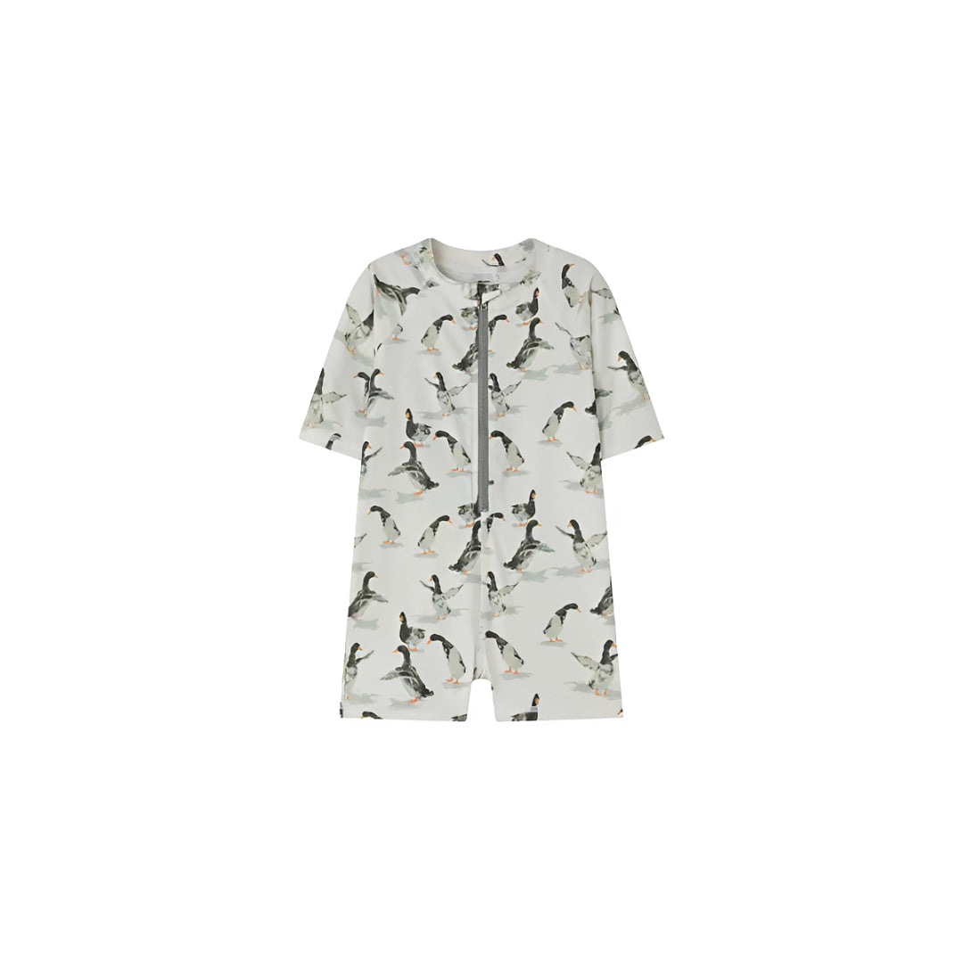 Printed baby zip swim romper with small animal pattern, lightweight breathable toddler swimsuit