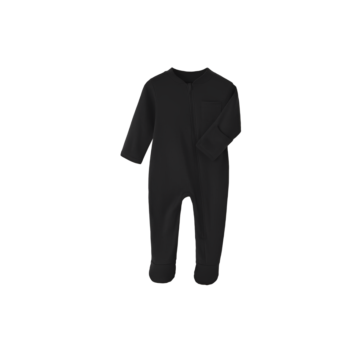 Black cotton zip-up baby romper with footed design and long sleeves.