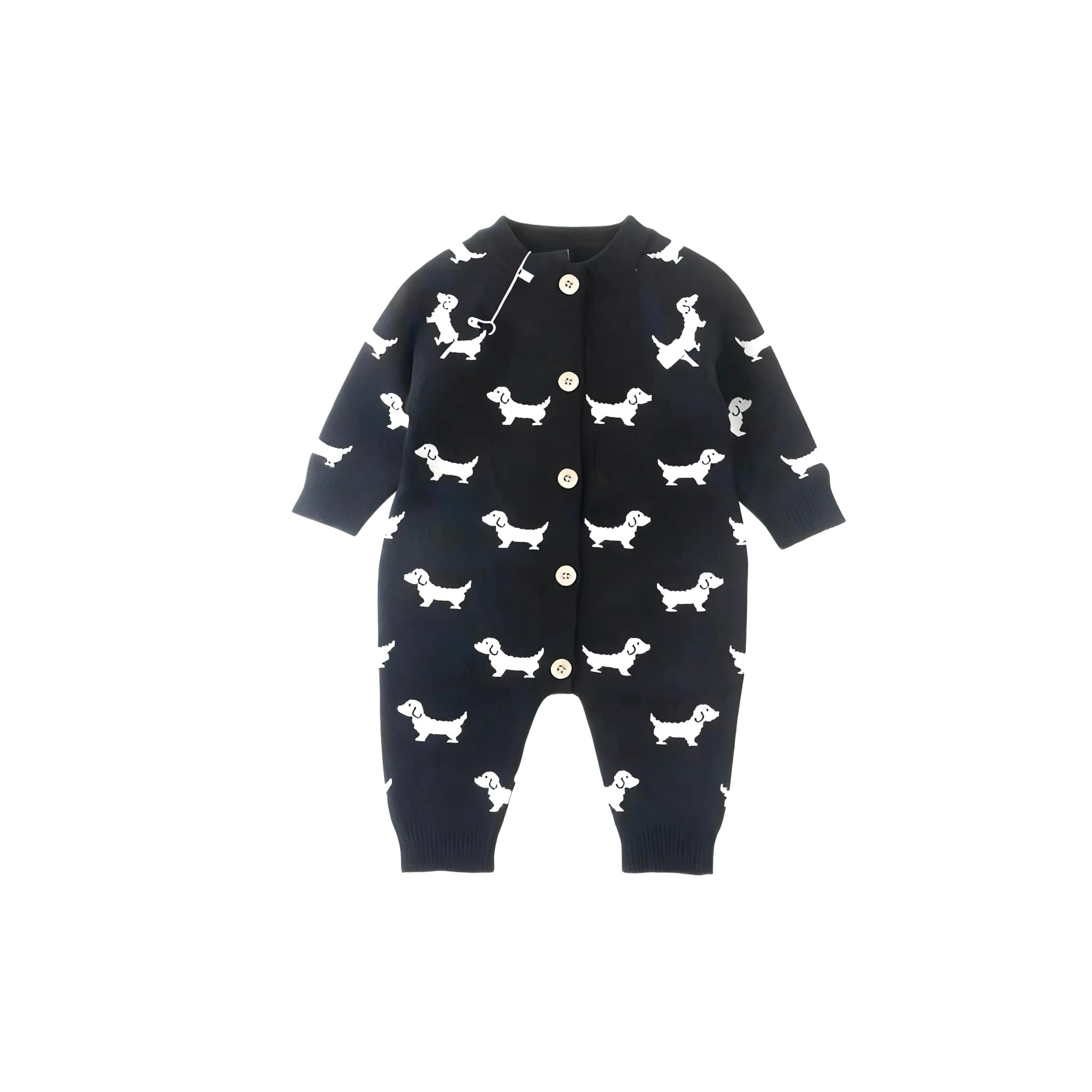 Black knitted baby romper with white dachshund print and long sleeves