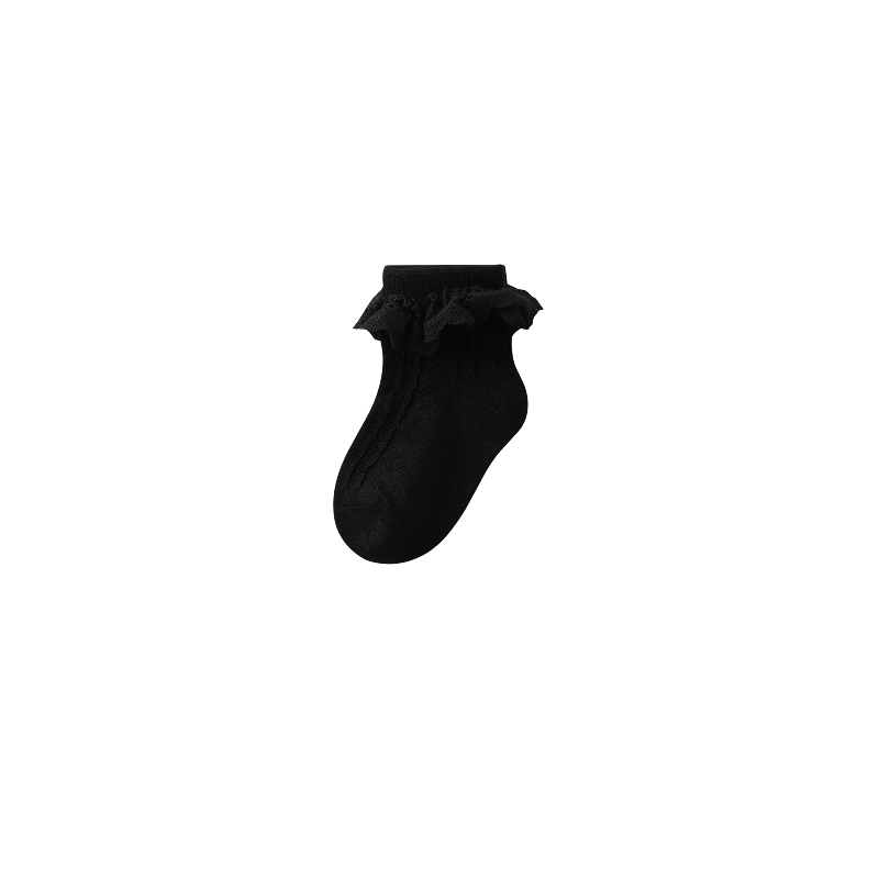 Black lace frill baby socks made of soft cotton with a snug, non-slip cuff for baby girls.