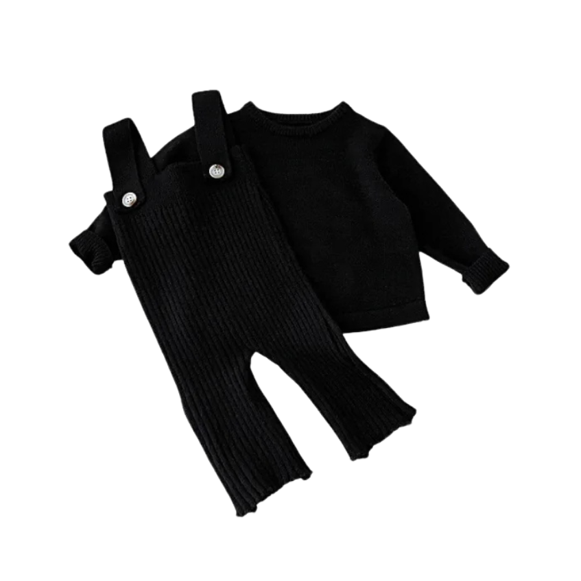 Black baby knitted outfit with ribbed overalls and matching sweater, minimalist Korean style
