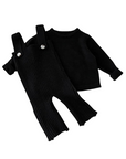 Black baby knitted outfit with ribbed overalls and matching sweater, minimalist Korean style
