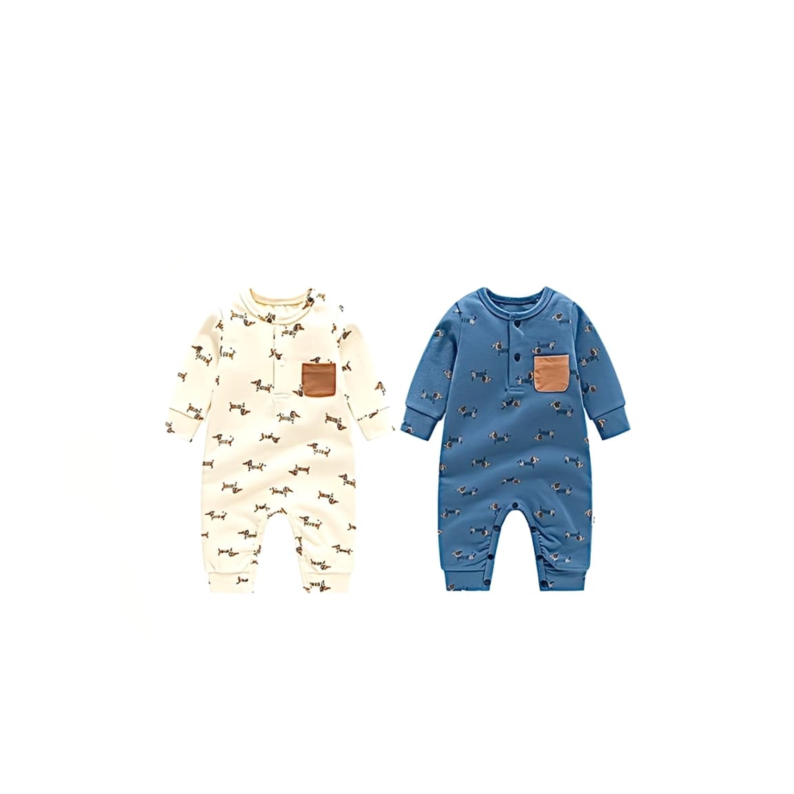Set of two cotton baby rompers in blue and beige with cute puppy pattern and front pockets.