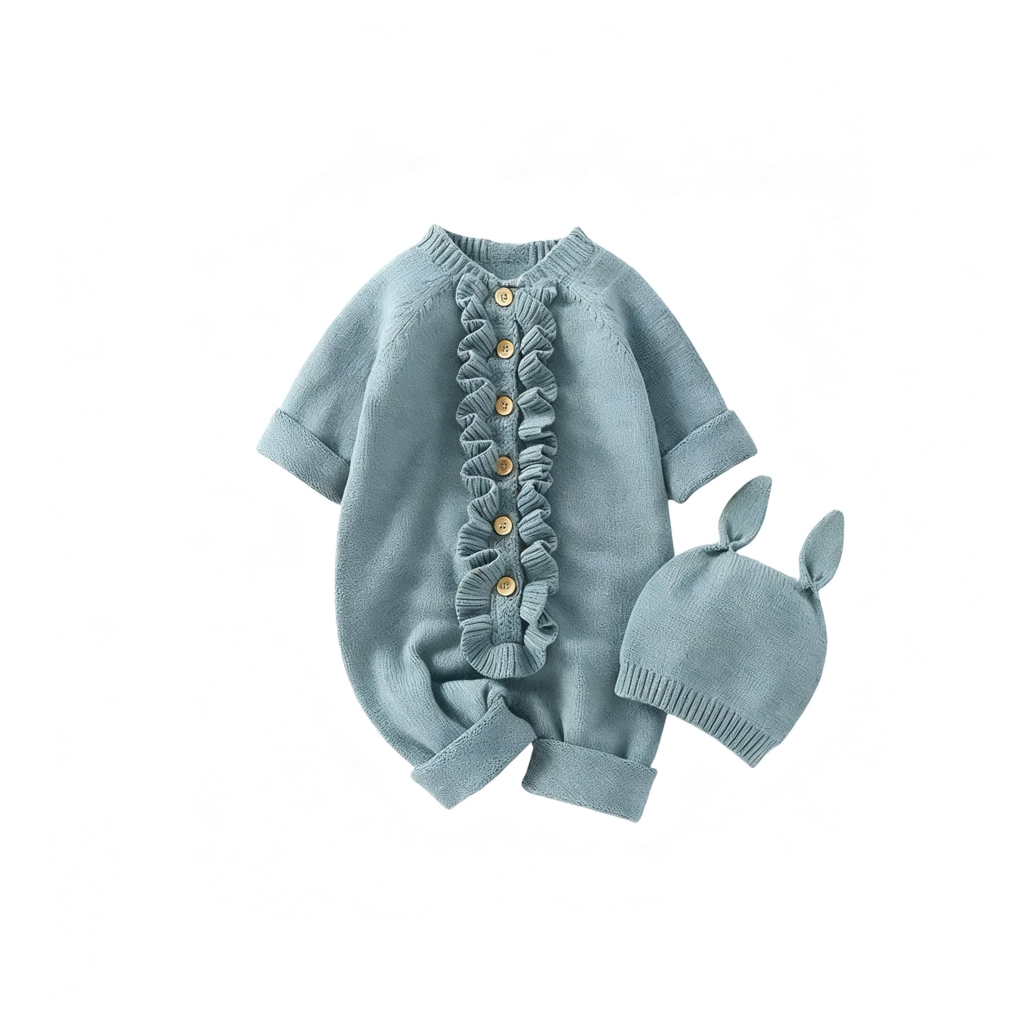 Blue-green knitted baby romper with ruffle front and bunny-ear hat, soft and cozy outfit for newborns and infants.