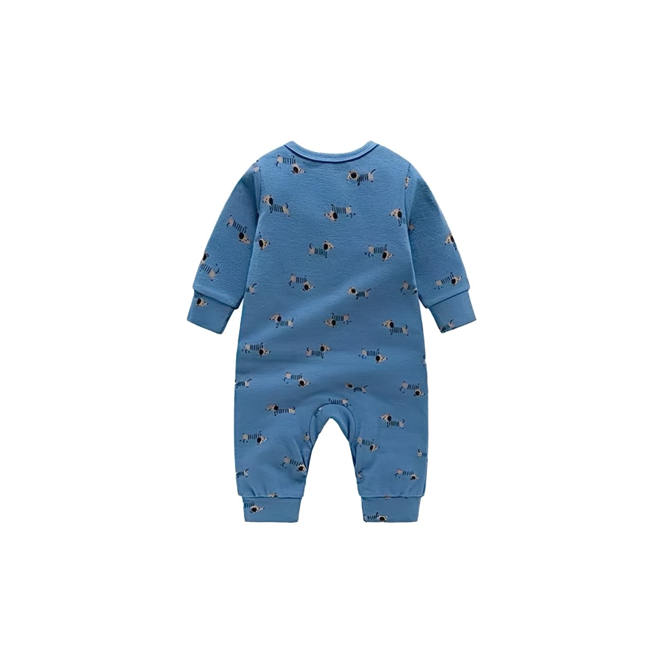 Back view of blue cotton baby romper featuring all-over puppy print pattern.
