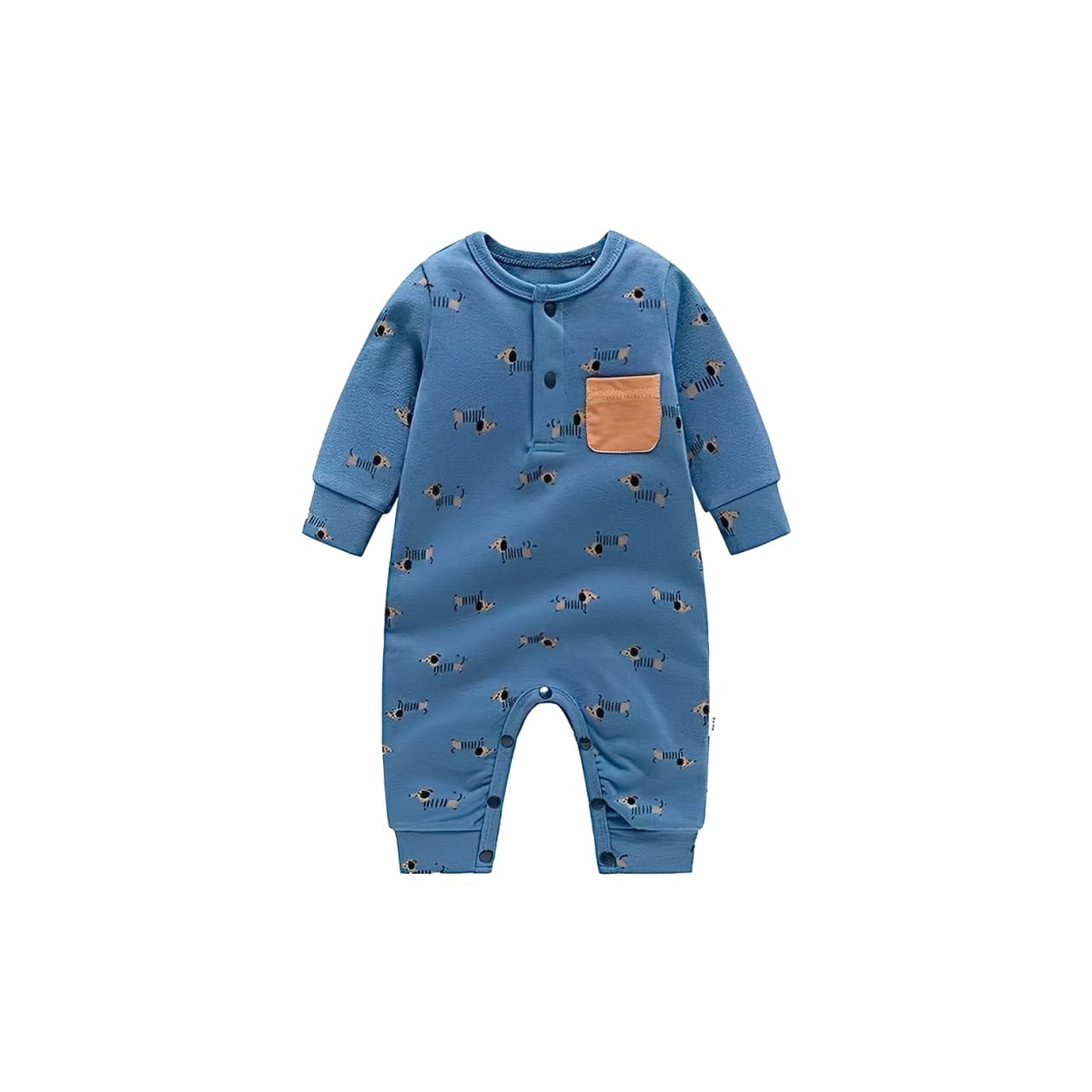 Front view of blue cotton baby romper with puppy print and brown chest pocket.