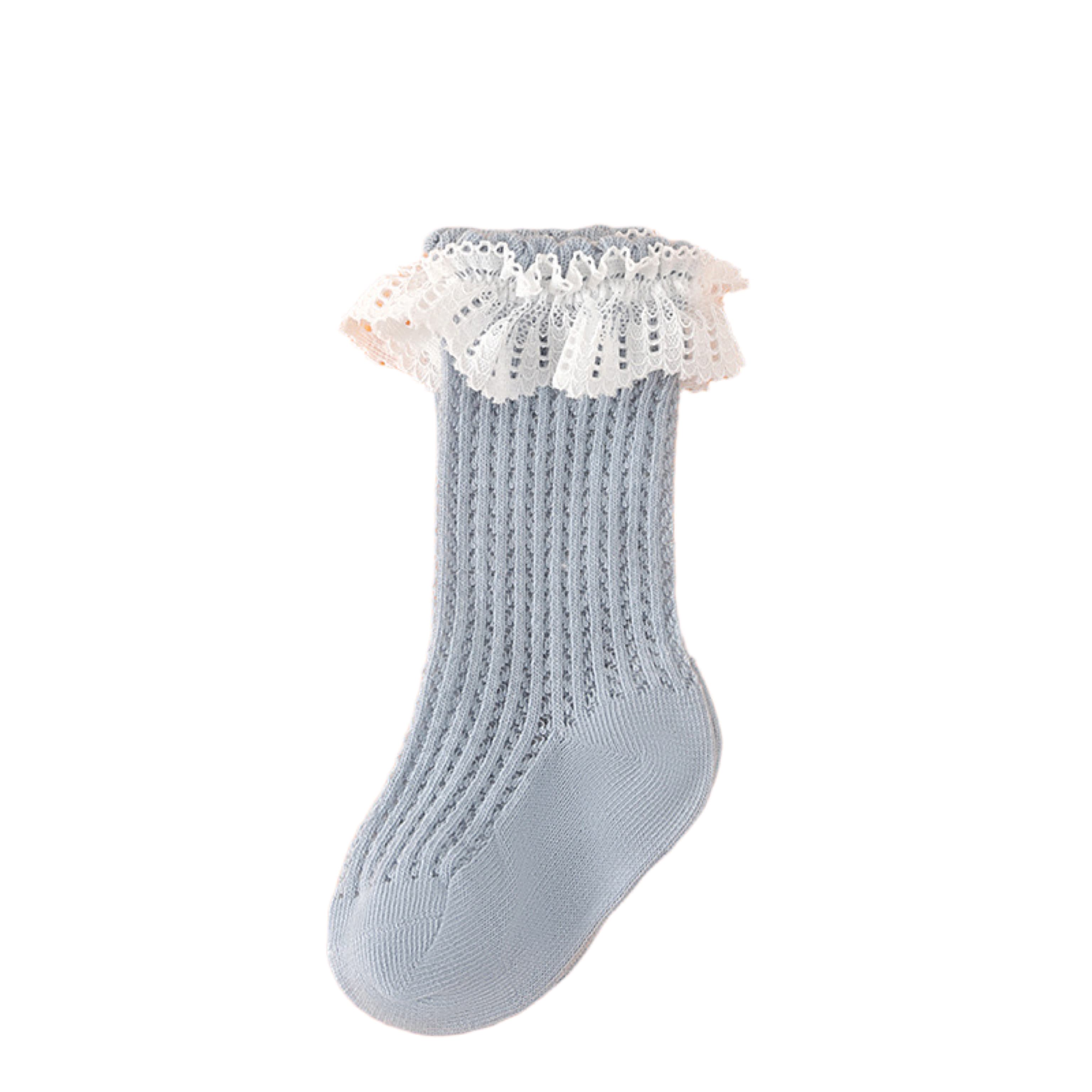 Blue ruffle lace baby socks, lightweight and breathable for spring and summer.