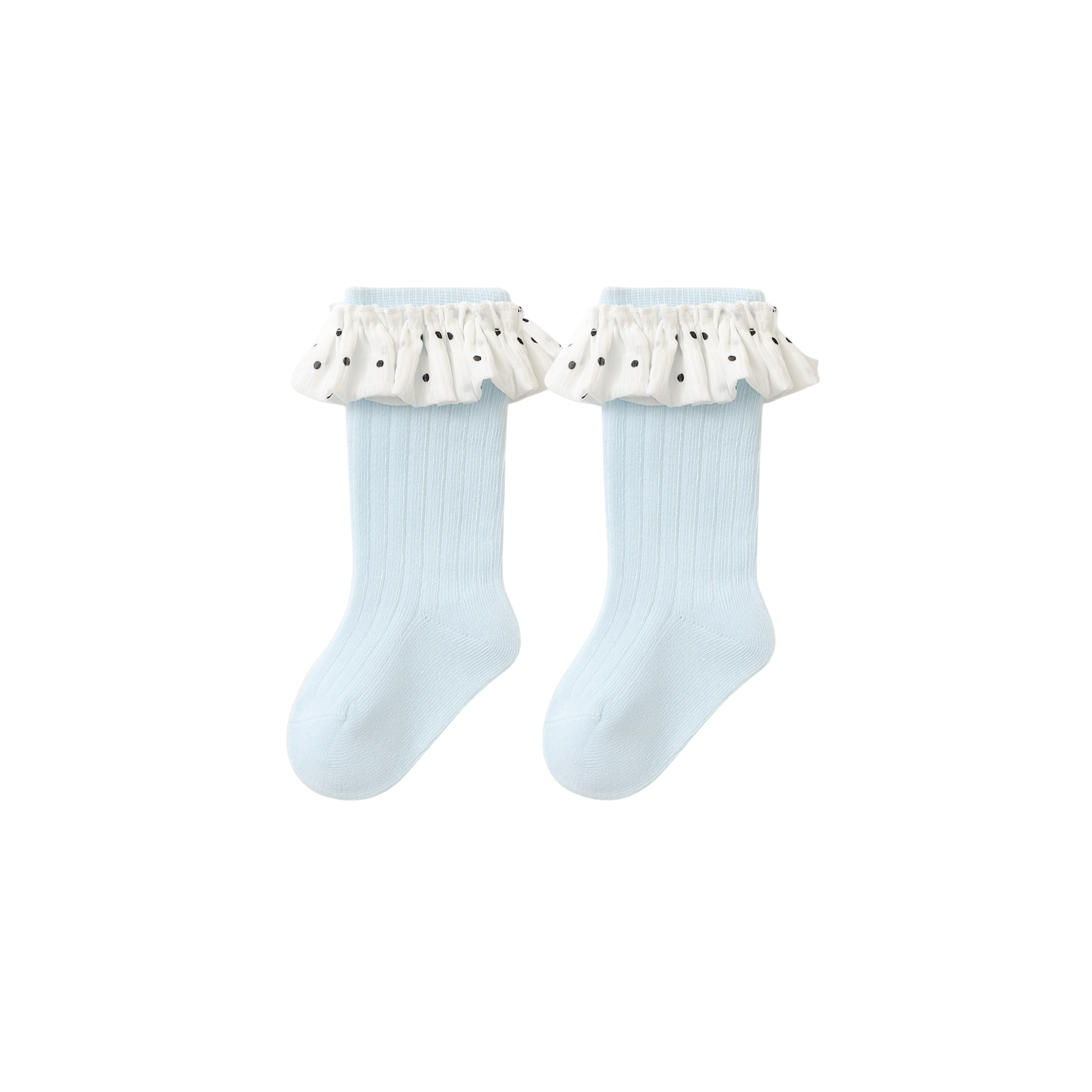 Blue polka dot ruffle baby socks – soft cotton mid-calf socks for babies and toddlers