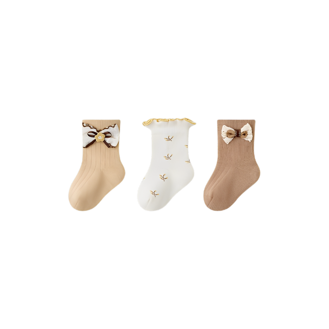 Three pairs of baby socks in brown and cream tones with cute bows, made from soft Australian cotton.
