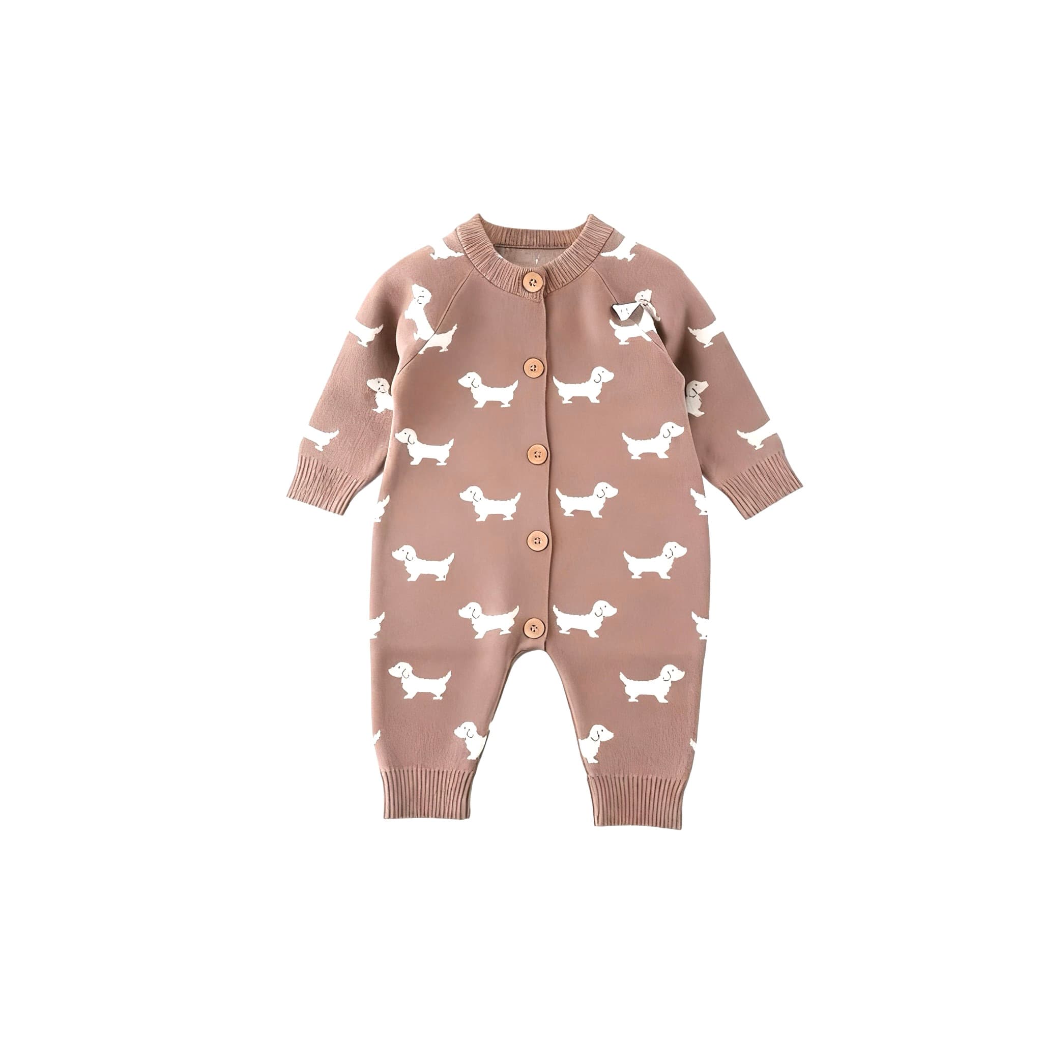 Brown knitted baby romper featuring white dog print and button-up front
